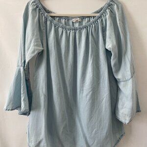 Beach Lunch Lounge Womens Sky Blue Off Shoulder Bell Sleeve Denim Top Size L